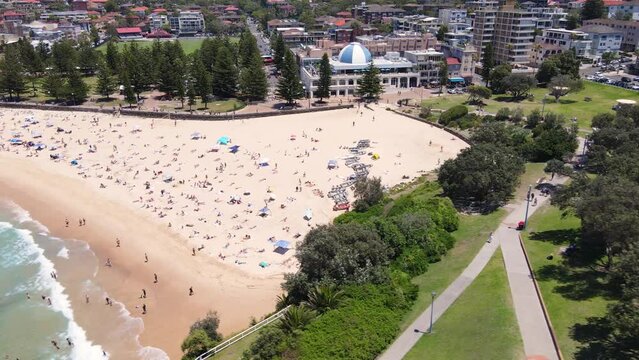 Aerial drone view of iconic Coogee Beach in Sydney, NSW Australia on a sunny day in January 2023   