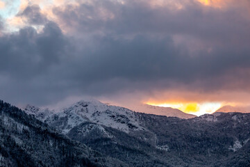Fototapeta premium Sunrise in mountains, Bohinj valley, Slovenia