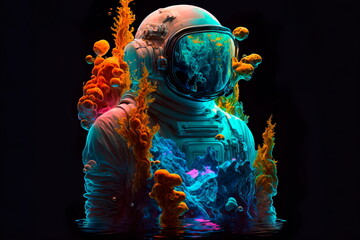 astronaut in galaxy, helmet reflecting, bright stars and galaxies projected Generative AI