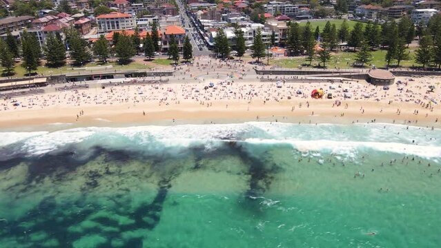 Aerial drone view of iconic Coogee Beach in Sydney, NSW Australia on a sunny day in January 2023   