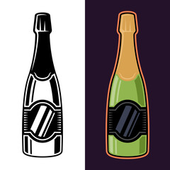 Champagne bottle vector objects in two styles black on white and colored on dark background