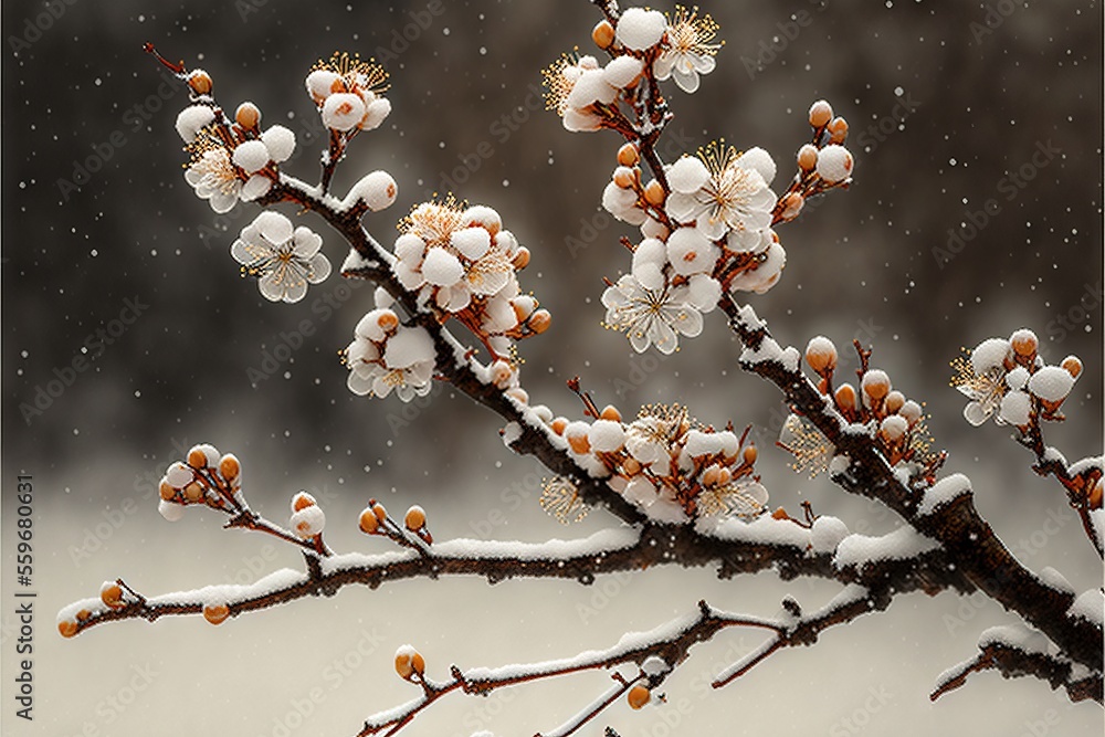 Poster a branch with white flowers covered in snow with a black background and a white frame around it with