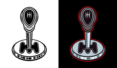 Car transmission, gear lever stick, automobile part vector illustration in two styles black on white and colorful on dark background © Flat_Enot