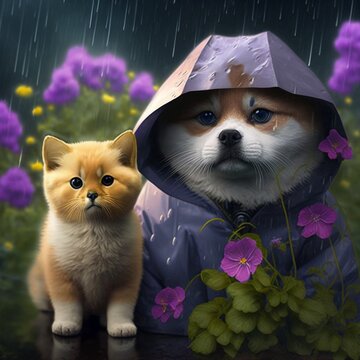 A Puppy and Kitten on a Rainy Day