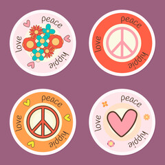 Set icons, stickers in hippie style with Peace sign, text peace, love, hippie, flowers and hearts. Retro style.
