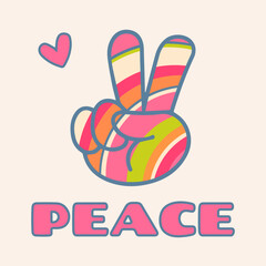 Icon, sticker in hippie style with floral V sign in rainbow colors and text Peace on a beige background