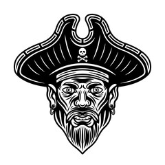 Pirate head with beard vector illustration in monochrome vintage style isolated on white background