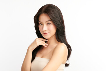 Fototapeta premium Beautiful young asian woman with clean fresh skin on white background, Face care, Facial treatment, Cosmetology, beauty and spa, Asian women portrait.