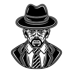 Detective man in fedora hat in suit. Vector character illustration in vintage monochrome style isolated on white background
