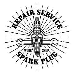 Spark plug and wrench with rays vector emblem, logo, badge, label, sticker in monochrome style isolated on white background