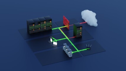 segmentation of the computer network into segments and vlans, separation of networks by firewalls to increase data security. 3d rendering