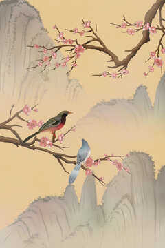 Chinese wind flowers and birds hand drawn illustration