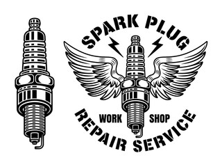 Fototapeta na wymiar Spark plug with wings vector illustration in monochrome style isolated on white background. Repair service vintage emblem, logo, badge, label, sticker