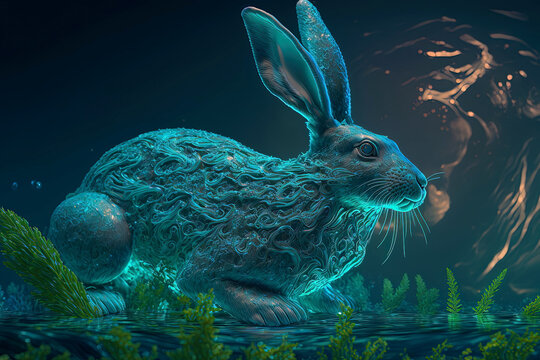 Generative AI illustration of green horoscope water rabbit wit intricated ornaments concept for Happy Chinese new year 2023 the year of the water rabbit in China