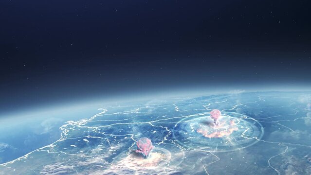 Nuclear explosions and mushroom clouds from outer space view, 
nuclear war or World War III, apocalypse concept, from earth outer space view,2023
