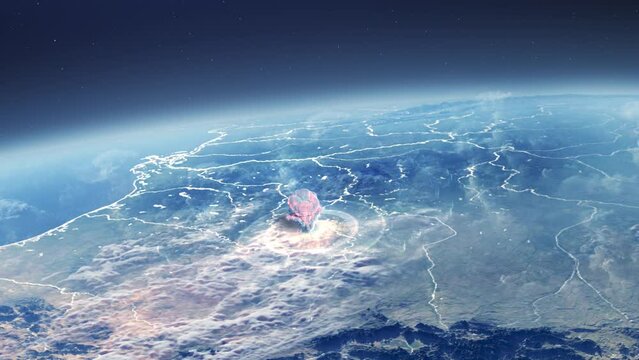 Nuclear explosion and mushroom cloud from outer space, 
nuclear war or World War III, apocalypse concept, from earth outer space view,2023
