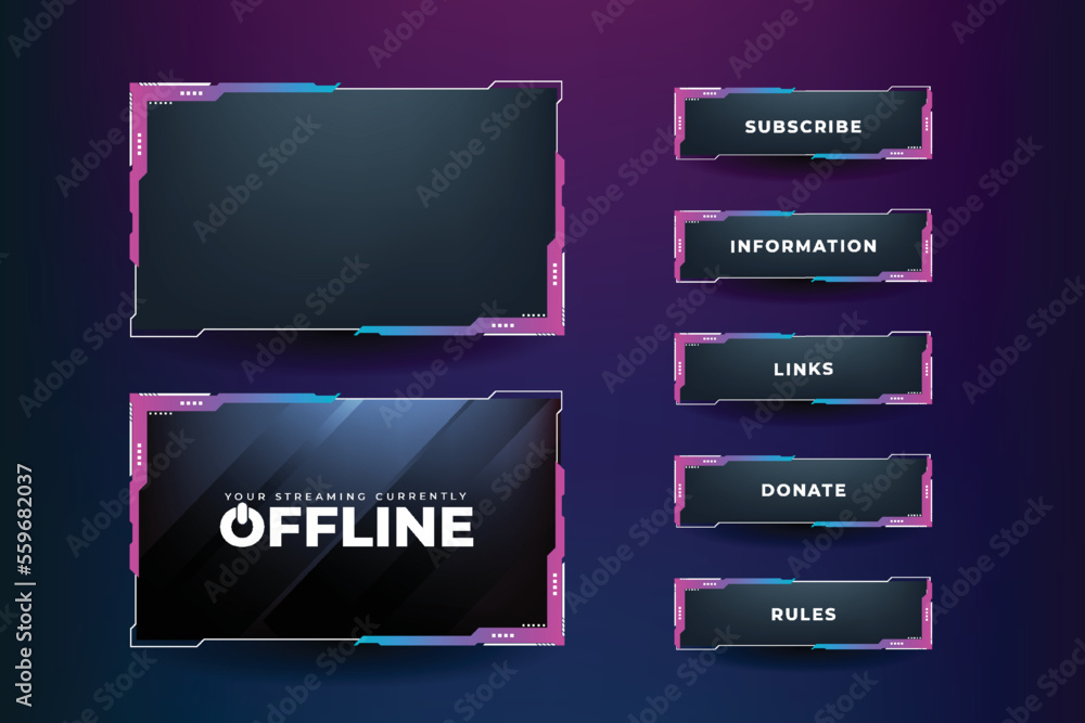 Poster gaming screen panel design with pink and blue colors. unique broadcast screen border design for onli