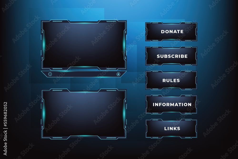 Poster live broadcasting screen panel design with glowing blue colors. online gaming channel frame border v