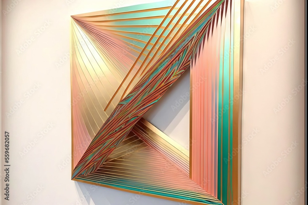 Poster a painting with a gold triangle on it's side and a green triangle on the other side of the wall., ge