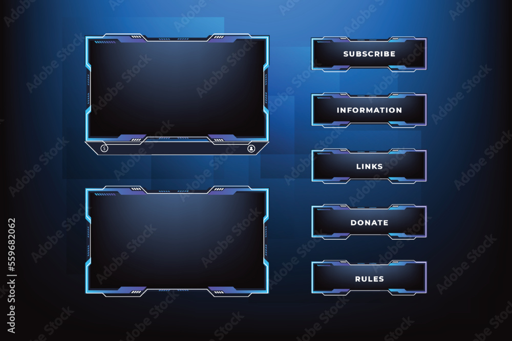 Poster creative streaming overlay design for online gamers with blue colors. futuristic live screen border 