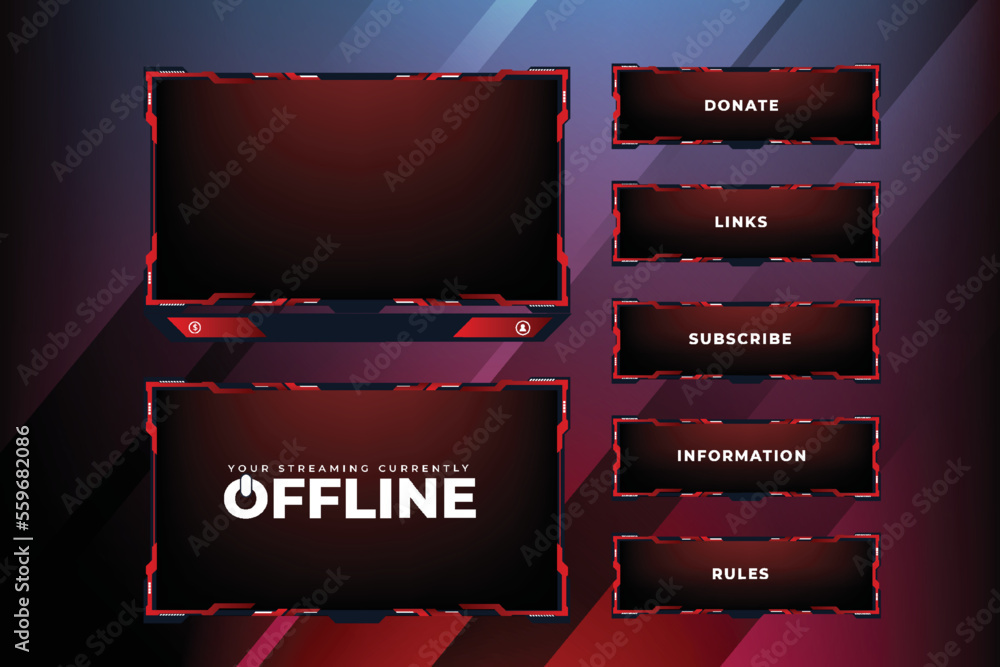 Poster broadcast gaming screen interface. live streaming overlay and screen panel vector design with red co