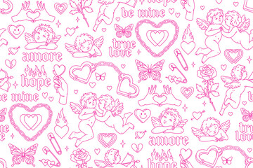 Tattoo art 1990s-2000s seamless pattern. Love concept. Happy valentines day. Heart, angel, cupid, butterfly, rose in trendy retro style. Vector hand drawn tattoo background. Black, pink, white colors. - obrazy, fototapety, plakaty