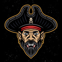 Pirate head with beard vector illustration in colorful cartoon style isolated on dark background