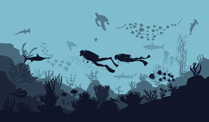 silhouette of coral reef with fish on blue sea background underwater vector illustration	
