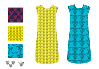 Collection of sleeveless dresses. Abstract decorative pattern elements. Digital vector illustration. Fashion for women. Author's work. Fashion trend