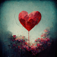 A single heart balloon floating in the sky above pink/red tree. Valentines Day Illustration.