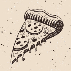 Pizza slice vector illustration in hand drawn vintage style on background with removable grunge textures