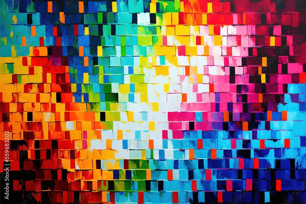 Poster a colorful painting with squares of different colors on it's surface and a black background with a w