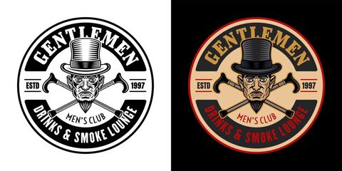 Gentlemen club vector round emblem, logo, badge or label in two styles black on white and colored on dark background