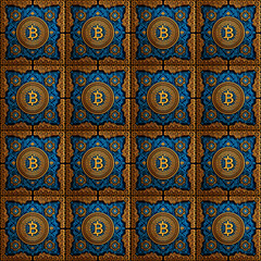 Modern bitcoin logo tiles in a repeating pattern.