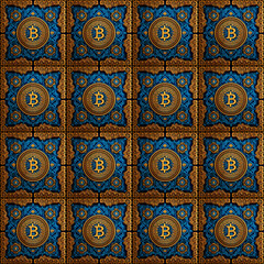 Modern bitcoin logo tiles in a repeating pattern.