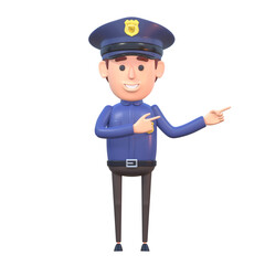 3d render of cartoon policeman pointing to side, presentation, advertise
