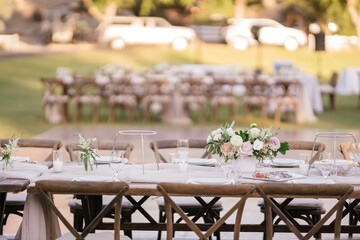 Outdoor catering dinner at the wedding