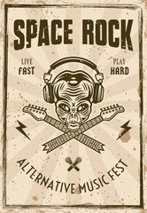 Rock music festival vintage poster with alien head in headphones and two crossed broken guitar necks vector illustration. Layered, separate grunge texture and text