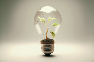 Small plant growing inside a lightbulb. Light Bulb with sprout inside. Green energy concept. Generative AI