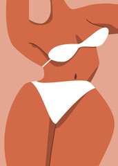 female body in lingerie or swimsuit, relaxing on the beach, stylized image of the female body, fashion and beauty poster