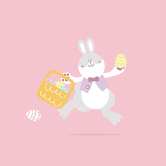 happy easter festival with animal pet bunny rabbit and egg, pastel color, flat vector illustration cartoon character