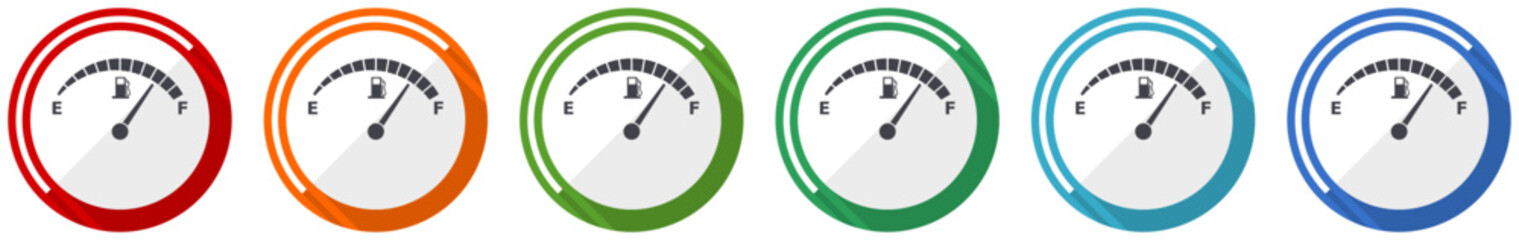 Fuel gauge, car petrol dashboard icon set, flat design vector illustration in 6 colors options for webdesign and mobile applications