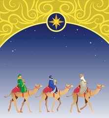 Epiphany celebration flat vector illustration. The Three Wise Men or Three Kings or biblical Magi riding camels. Melchior, Caspar and Balthazar following the star of Bethlehem. Episode from the Bible.