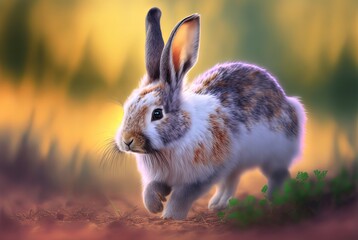 Fototapeta premium illustration of cute pointy ears rabbit with blur nature background with sunlight