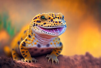 Obraz premium illustration close-up of cute exotic pet leopard gecko with blur nature background, smiley face