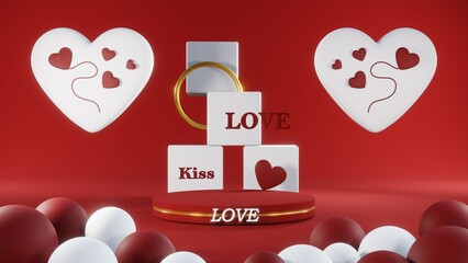 3D rendering of backdrop for displaying products for Valentine's Day red scene podium