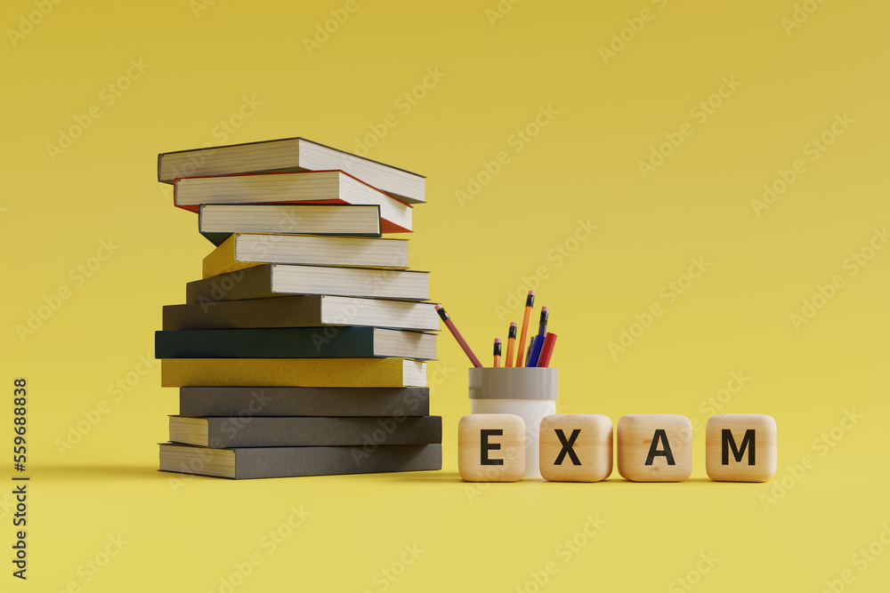 Poster pile of books and exam text background, 3d rendering