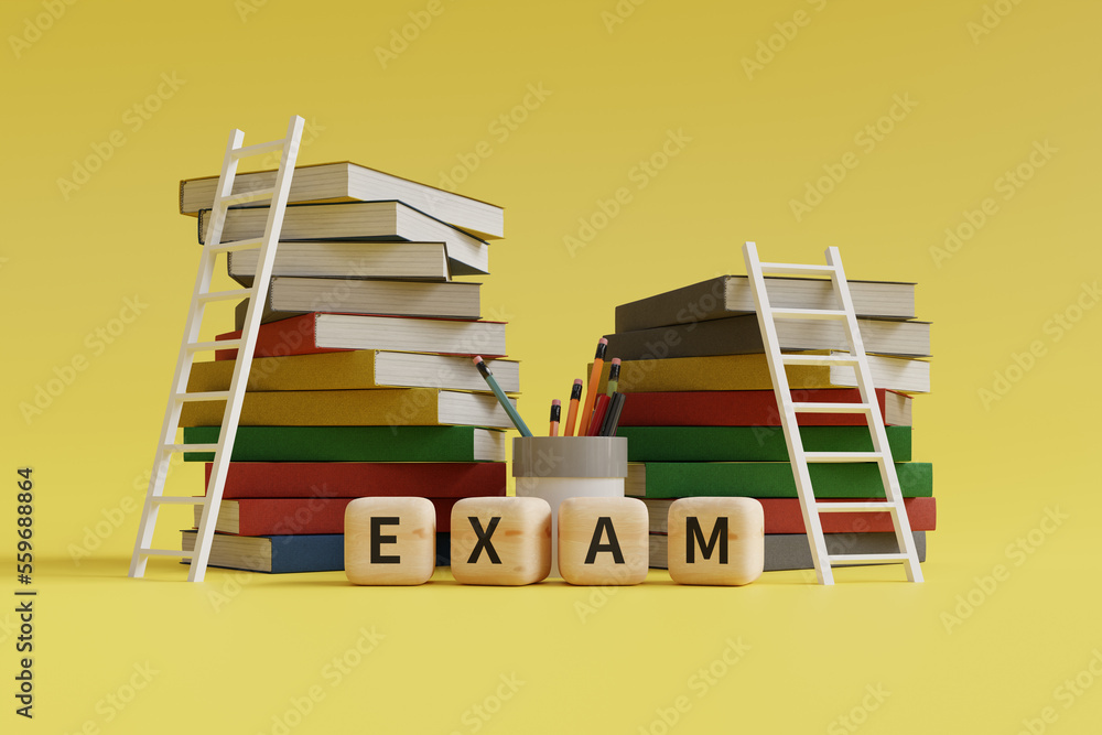 Aufkleber ladder on pile of books and exam text background, 3d rendering