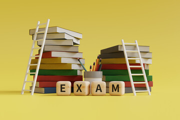 ladder on pile of books and exam text background, 3d rendering