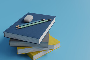 pile of books and pencil background, 3d rendering